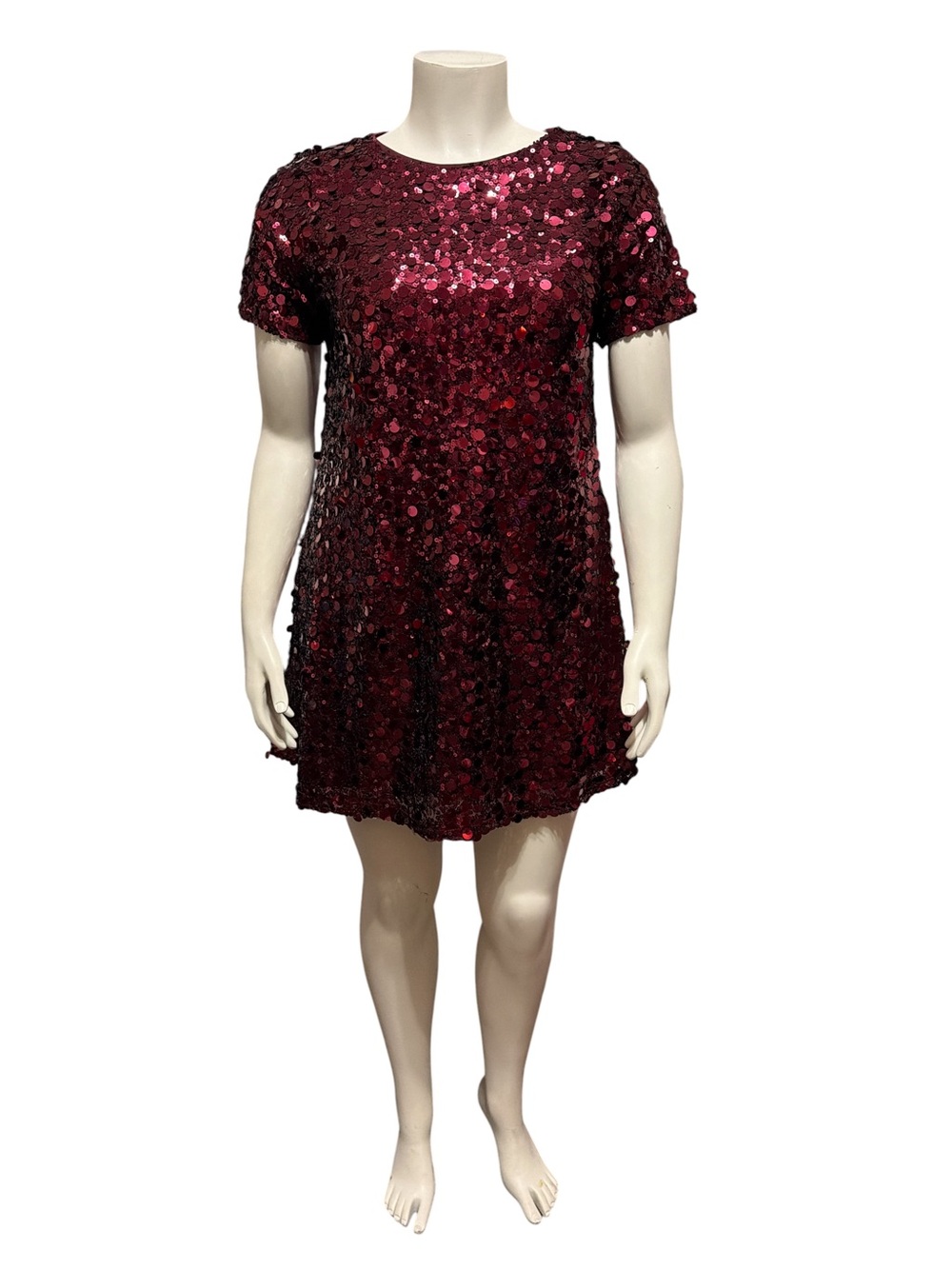 Nine West Size M Maroon Sequin Mini Shift Dress Short Sleeve Tie Back Cocktail